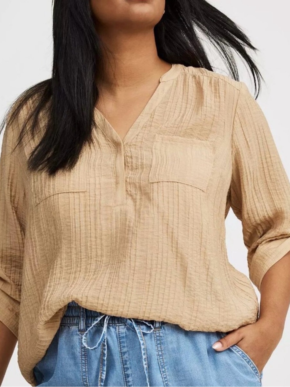 TORRID size 1 Relaxed V-Neck Peasant plus size Blouse - Tan